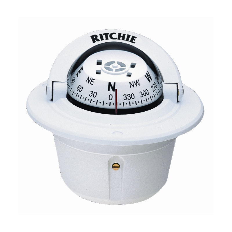 Show details for Ritchie Navigation F-50W Explorer Compass, Mfg# , Flush Mount, White Housing, 2.75" Direct Reading White Dial, Moveable Sun Shield, Green Illumination, Compensators, 4.8" Diameter, 5 Year Warranty.