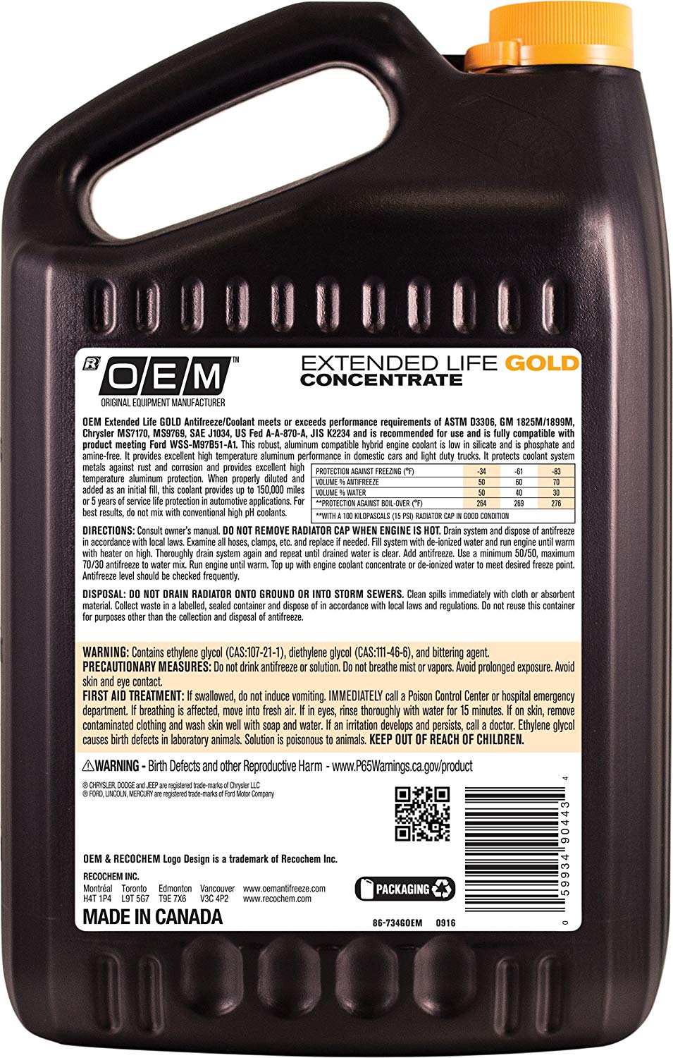 RECOCHEM COOLANT 86-734GOEM Oem Premium Antifreeze Concentrate Extended ...