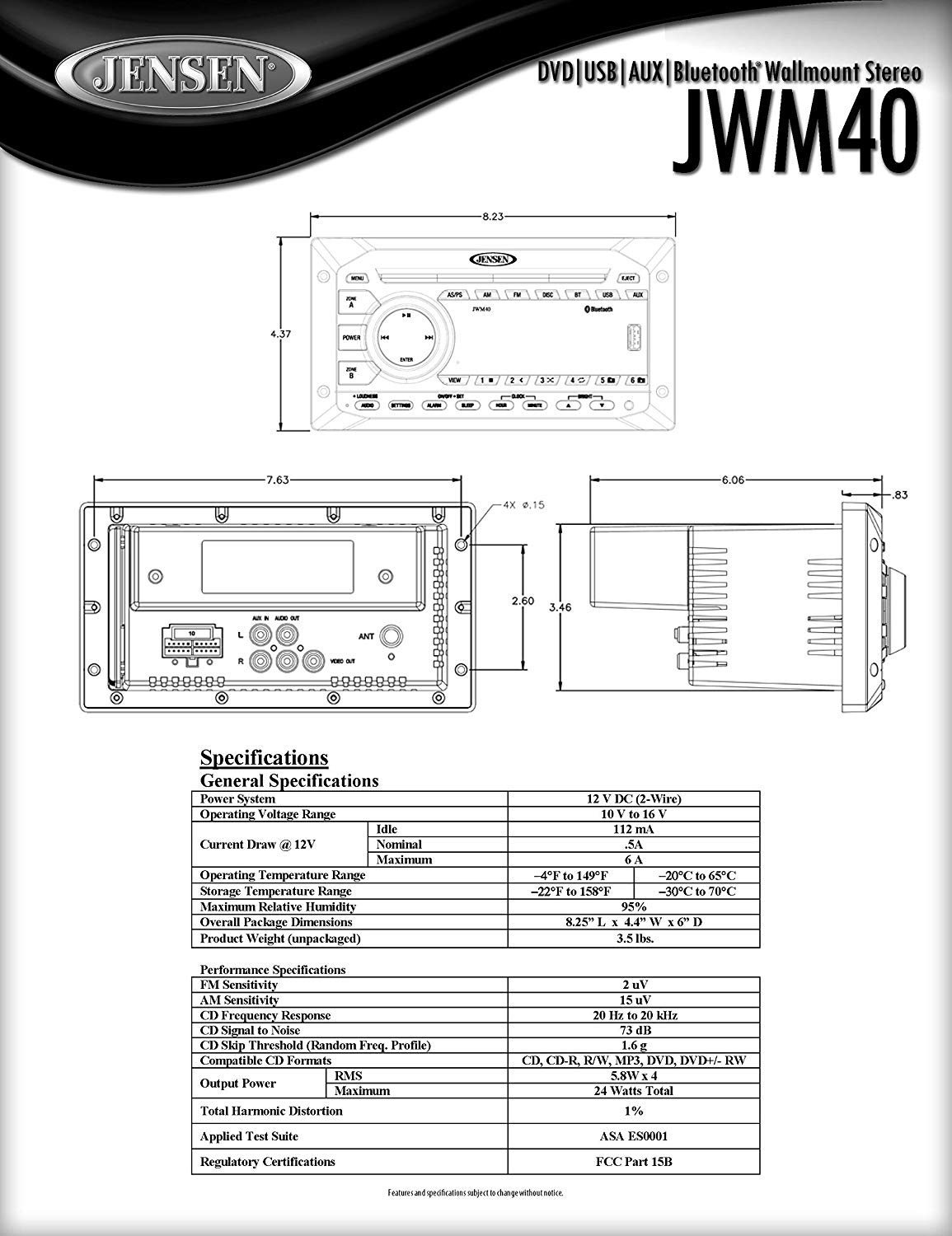 ASA ELECTRONICS JWM40 Dvd/usb/aux/bt Stereo Autoplicity