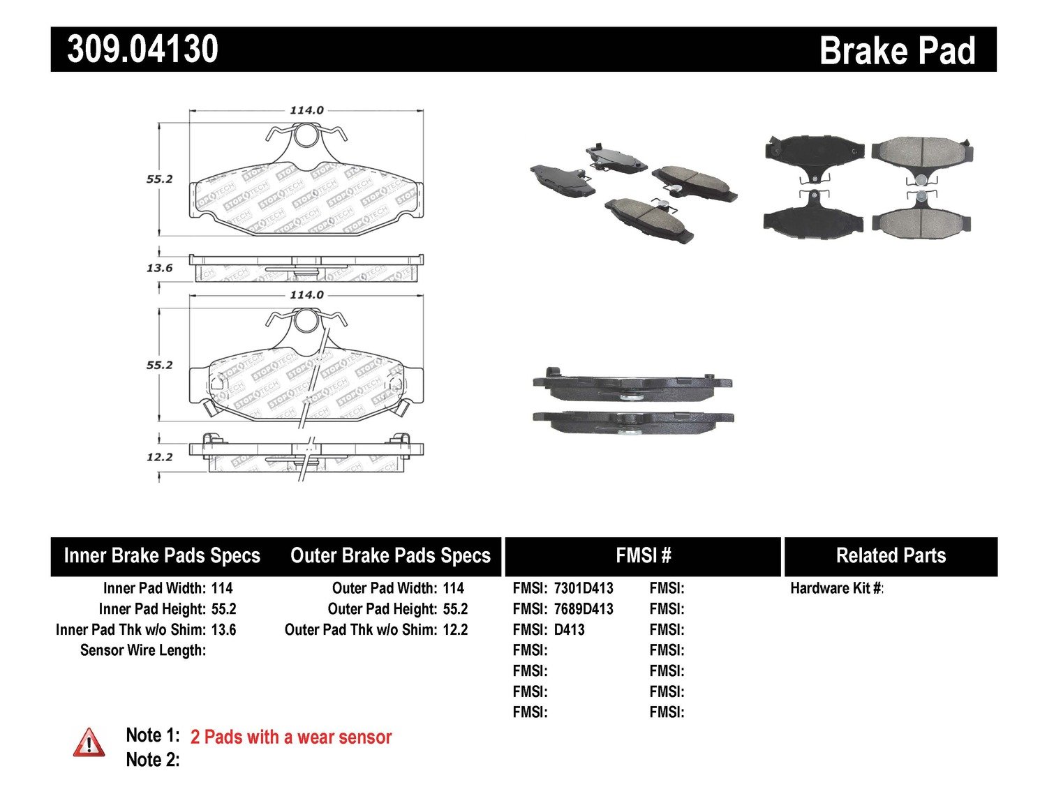 StopTech 309.04130 Stoptech Sport Brake Pads With Shims And Hardware