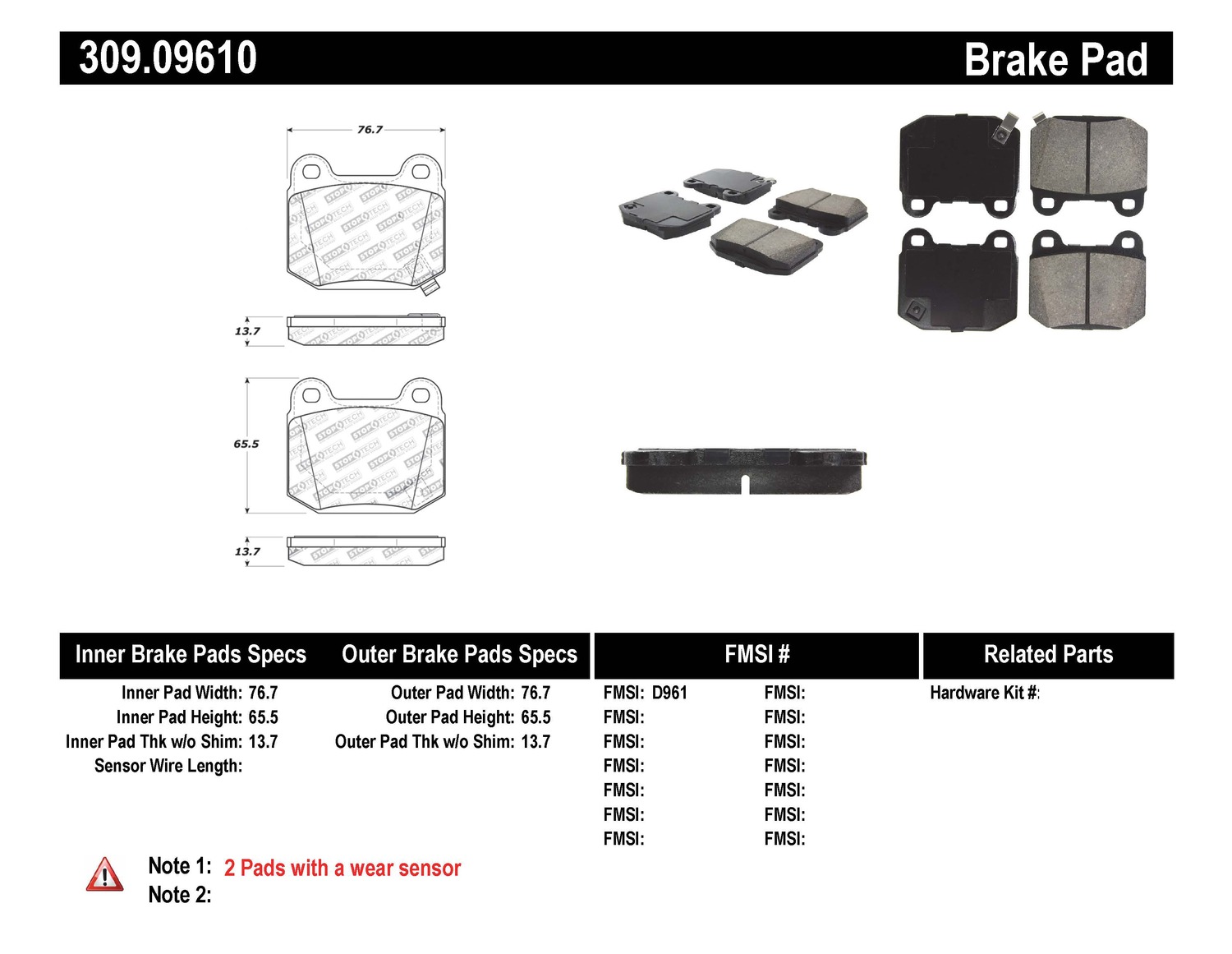 StopTech 309.09610 Stoptech Sport Brake Pads With Shims And Hardware