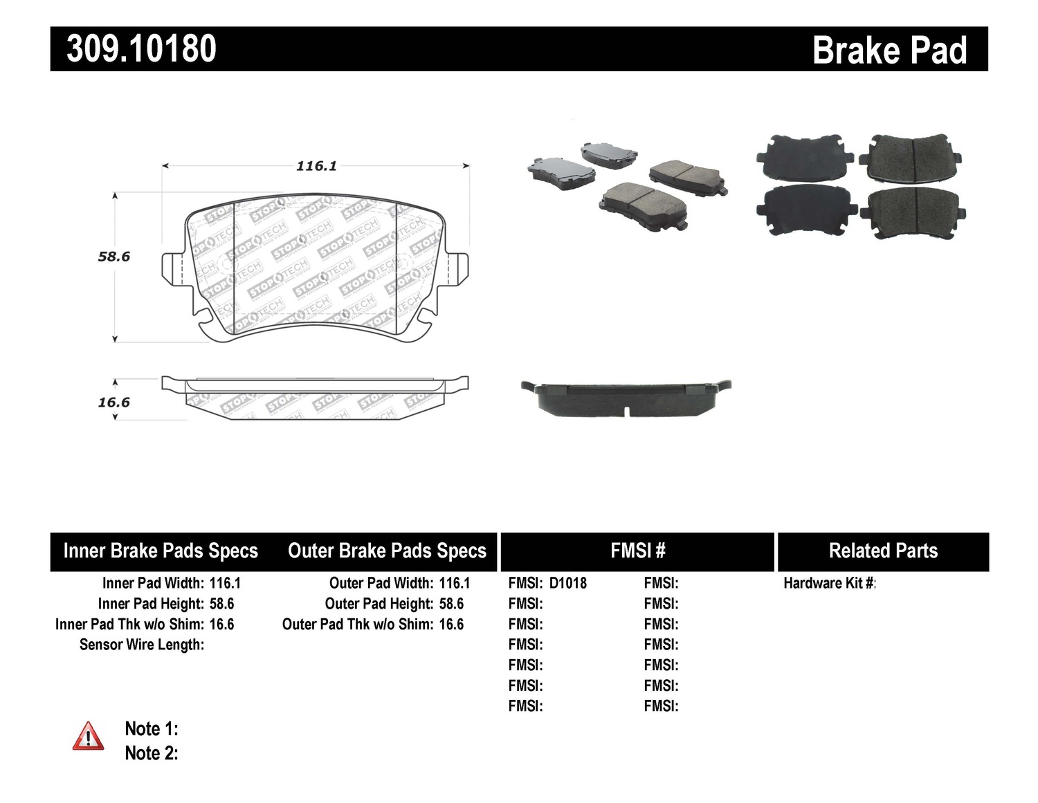 StopTech 30910180 Stoptech Sport Brake Pads With Shims And Hardware
