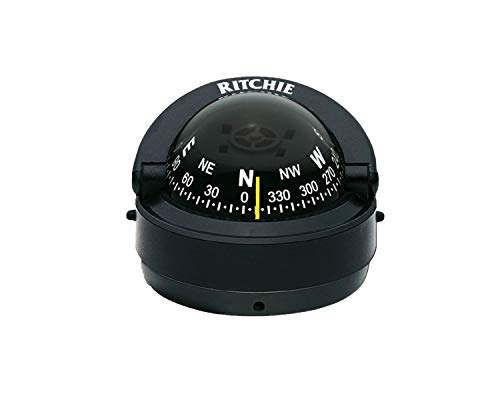 Picture of Ritchie Navigation S-53 Explorer Compass, Mfg# , Surface Mount, Black Housing, 2.75" Direct Reading Black Dial, Moveable Sun Shield, Green Illumination, Compensators, 3.6" Diameter, 5 Year Warranty.