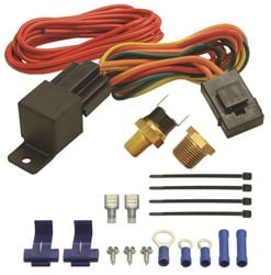 Picture of Derale Performance 16721 Single Stage Fan Control Thermostat With 190f Turn-On Temperature;turn-Off Temperature Is Preset At 175f;fits Into Either A 3/8" Npt Or 1/8" Npt Port;3/8" Npt X 1/8" Npt Bushing Included;40/60 Amp Relay Wire Harness With Ac Override Included