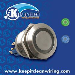 Picture of Keep It Clean Wiring 12554 Momentary 22mm Blue Or Green Ring Led Aluminum Billet Button Silver Illuminate