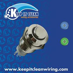 Picture of Keep It Clean Wiring 12566 Momentary 16mm Blue Or Green Ring Led Aluminum Billet Button Silver Illuminate