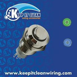 Picture of Keep It Clean Wiring 12569 Latching 16mm Blue Or Green Ring Led Aluminum Billet Button Silver Illuminate