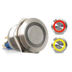 Picture of Keep It Clean Wiring 12556 Momentary 22mm Red Or Yellow Ring Led Aluminum Billet Button Silver Illuminate