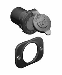 Picture of Marinco 12VRC 12 Volt Receptacle, Deluxe, Mfg# 12vrc, Watertight Plastic Cap Seal. Mounting Plate For Front Panel Installation Or Locking Ring For Rear Access Installation. Rated At 12 Volts, 15 Amps. Terminals: Nema 0.250" Quick Connect Tabs.