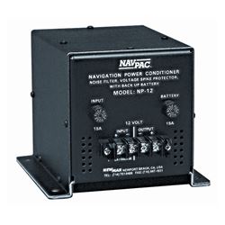 Picture of NewMar NP-12 Nav Pac Dc Power Conditioner, Mfg# Np12, Prevents Voltage Drop-Out To Electronics At Engine Start, Absorbs Line "spikes", Filters Out Elec Interference & Provides Battery Back Up For Up To 15 Min @ 7 A. Input: 13.8-14.8vdc. Output: 20a Max @ 14.9 Vdc.