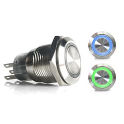 Picture of Keep It Clean Wiring 12557 Latching 19mm Blue Or Green Ring Led Aluminum Billet Button Silver Illuminate