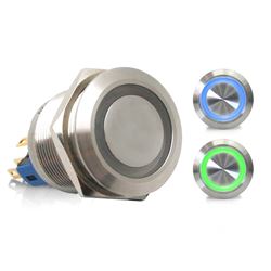 Picture of Keep It Clean Wiring 12562 Latching 22mm Blue Or Green Ring Led Aluminum Billet Button Silver Illuminate