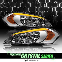 Picture of Alpha Owls 8709566 Crystal Headlights With Sequential Led Light Bar & Startup Light Chrome Amber Fits 2006-2013 Chevy Impala 2014-2016 Limited / 2006-2007 Monte Carlo