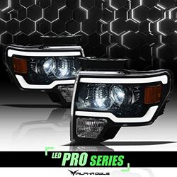 Picture of Alpha Owls 8707456 Full Led Projector Headlights With White Led Light Bar Black Amber Fits 2009-2014 Ford F150 Halogen Models