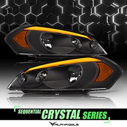 Picture of Alpha Owls 8709573 Crystal Headlights With Sequential Led Light Bar & Startup Light Black Amber Fits 2006-2013 Chevy Impala 2014-2016 Limited / 2006-2007 Monte Carlo