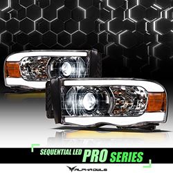 Picture of Alpha Owls 8707500 Full Led Projector Headlights With Switchback Sequential Led Light Bar & Startup Light Chrome Amber Fits 2002-2005 Dodge Ram 1500 / 2003-2005 2500 3500