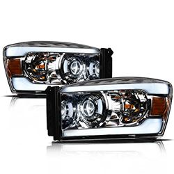 Picture of Alpha Owls 8707524 Full Led Projector Headlights With White Led Light Bar Chrome Amber Fits 2006-2008 Dodge Ram 1500 / 2006-2009 2500 3500