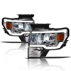 Picture of Alpha Owls 8707463 Full Led Projector Headlights With White Led Light Bar Chrome Amber Fits 2009-2014 Ford F150 Halogen Models