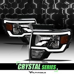 Picture of Alpha Owls 8707593 Crystal Headlights With White LED Light Bar - Black Amber Fits 2009-2014 Ford F150 Halogen Models
