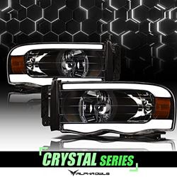 Picture of Alpha Owls 8707630 Crystal Headlights With White LED Light Bar - Black Amber Fits 2002-2005 Dodge Ram 1500/2003-2005 2500 3500