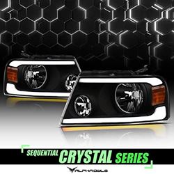 Picture of Alpha Owls 8707579 Crystal Headlights With Switchback Sequential LED Light Bar & Startup Light - Black Amber Fits 2004-2008 Ford F150 / 2006-2008 Lincoln Mark LT
