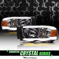 Picture of Alpha Owls 8707647 Crystal Headlights With Switchback Sequential LED Light Bar & Startup Light - Chrome Amber Fits 2002-2005 Dodge Ram 1500/2003-2005 2500 3500