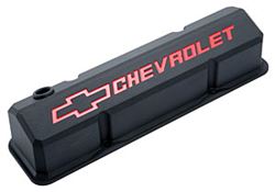 Picture of Proform Parts 141-928 Valve Covers; Slant-Edge Tall; Die Cast; Black W/recessed Bowtie Logo; Sb Chevy