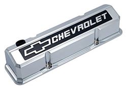 Picture of Proform Parts 141-922 Valve Covers; Slant-Edge Tall; Die Cast; Chrome W/raised Bowtie Logo; Sb Chevy