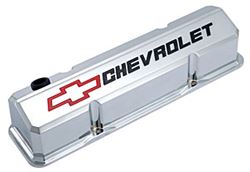 Picture of Proform Parts 141-930 Valve Covers; Slant-Edge Tall; Die Cast; Chrome W/recessed Bowtie Logo; Sb Chevy