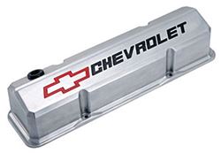 Picture of Proform Parts 141-927 Valve Covers; Slant-Edge Tall; Die Cast; Polish W/recessed Bowtie Logo; Sb Chevy