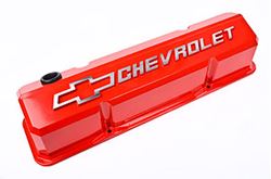 Picture of Proform Parts 141-931 Valve Covers; Slant-Edge Tall; Die Cast; Red W/ Raised Bowtie Logo; Sb Chevy